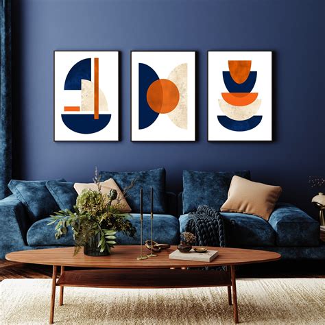 Set of 3 Orange Navy Beige Prints | Blue and orange living room, Blue ...