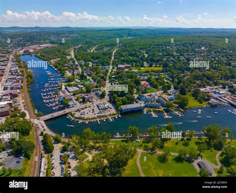 Magog city aerial view at the mouth of Magog River to Lake Memphremagog ...