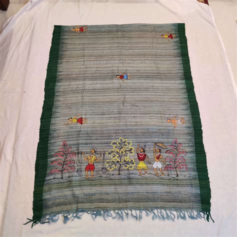 Green Tussar Ghicha Silk Dupatta with handpainted tribal art - Crafts ...