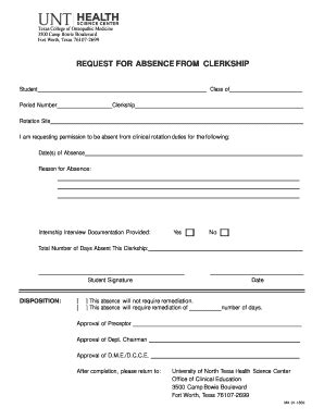 Fillable Online 01-1802ClinEdReq for Absence - UNT Health Science ...