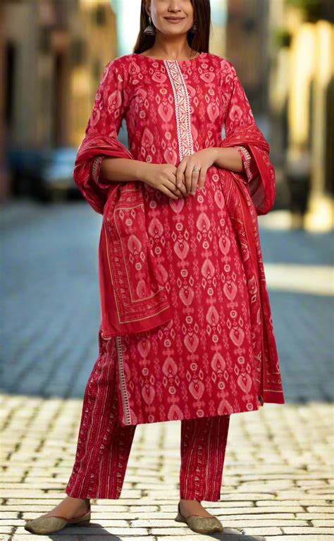 Red Ikkat Kurti With Pant And Dupatta Set. Pure Versatile Cotton. | La ...