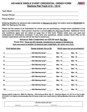 Fillable Online ADVANCE SINGLE EVENT CREDENTIAL ORDER FORM Daytona Flat ...