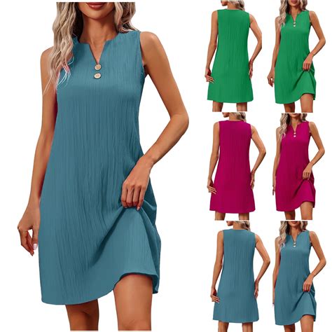 Axiiglly Summer Dress for Women Casual Mini Dress Solid Color Pleated ...