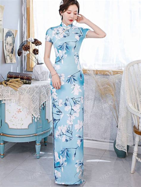 Fikoo Blue Floral Pattern High Slit Short Sleeve Cheongsam Dress ...