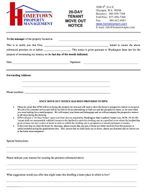 Fillable Online 20-DAY TENANT MOVE OUT NOTICE Fax Email Print - pdfFiller