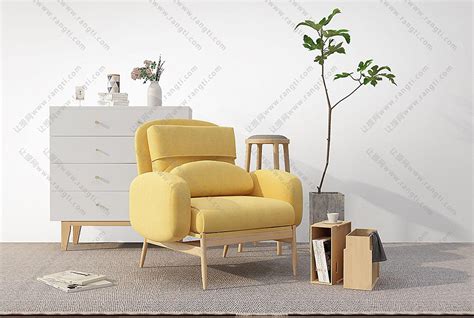 北欧黄色实木支架布艺单人沙发、休闲椅3d模型下载_模型ID:31160-让提网