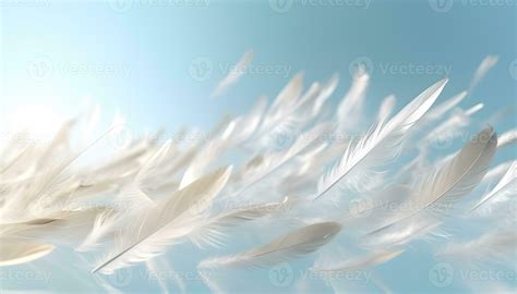 Abstract white feathers falling in blue sky. Beautiful Soft and Light White Fluffy Feathers ...