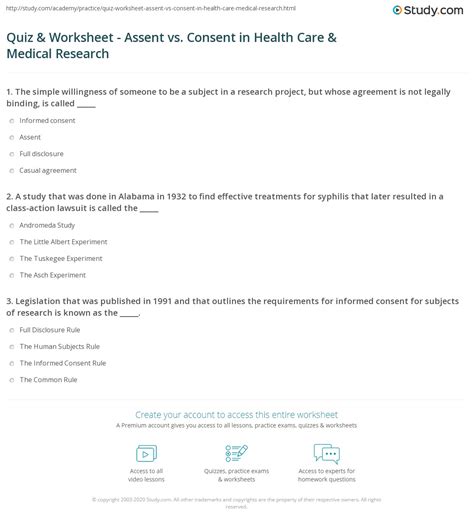 Quiz & Worksheet - Assent vs. Consent in Health Care & Medical Research ...