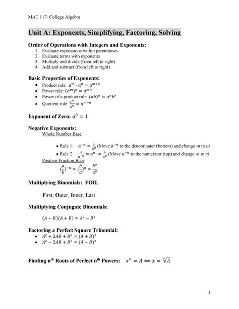 MAt 117 Formulas Printable Version-3 - MAT 117 - ASU - Studocu
