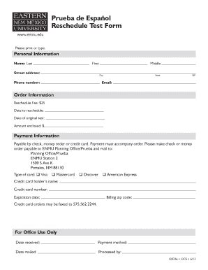 Fillable Online enmu Prueba de Espa ol Reschedule Test Form Fax Email ...
