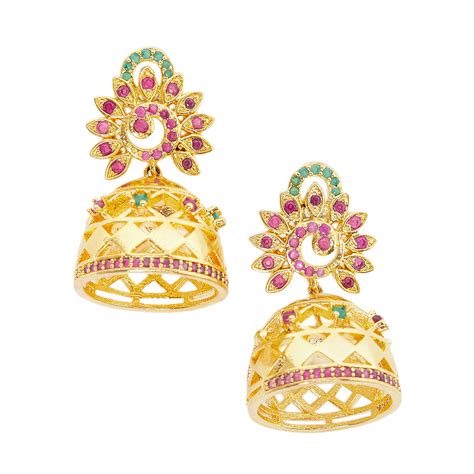 American Diamond CZ Traditional Gold Plated Red & Green Brass Jhumka E ...