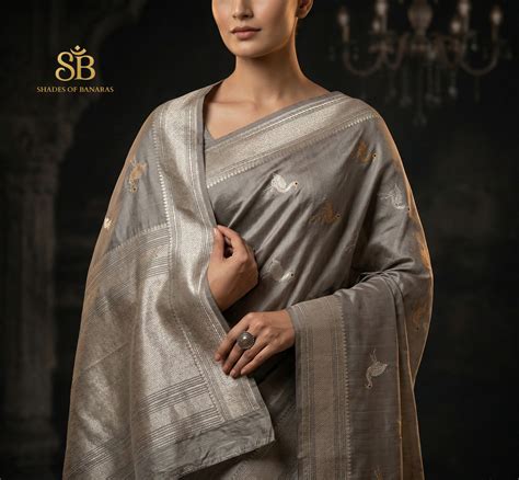 Grigio Argento Shikargah Couture Pure Silk Banarasi Saree – Shades Of ...