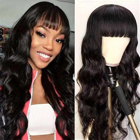 Glueless Wig Human Hair Protein Mix Wig With Bangs Body Wave Full ...