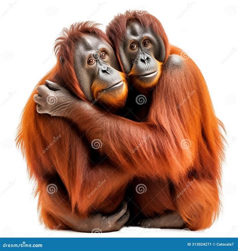 Two Monkeys Orangutan are Embracing Each Other Tightly Against a Plain ...