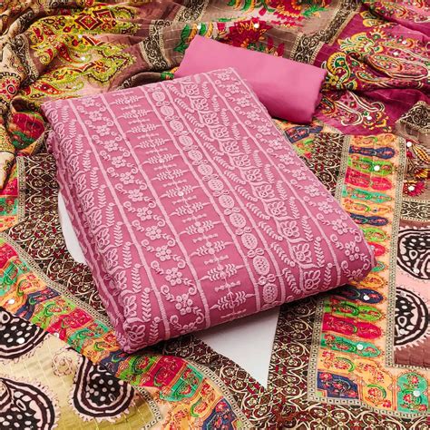 Pink Floral Chikankari Work Georgette Dress Material