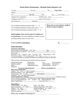 Fillable Online Patient History Questionnaire Burbank Family Optometry ...