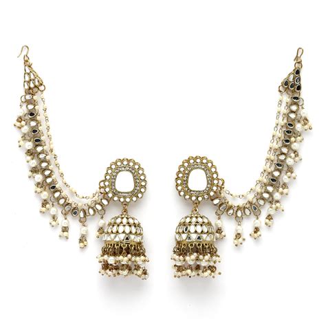 Oxidised Silver-Plated White Pearl studded Jhumka Earrings with Ear Ch