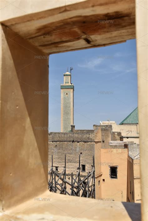 Tower Of Al-Hamra Mosque In Fez Medina, Morocco, Built In Marinid Style ...