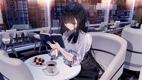 Download wallpaper 1920x1080 girl, book, coffee, restaurant, anime full ...