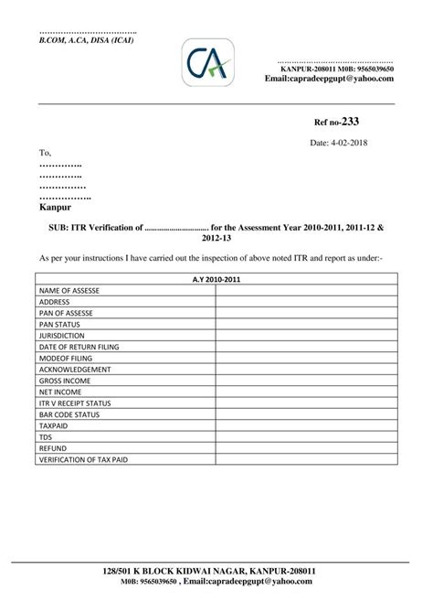 FORMAT OF ITR VERIFICATION REPORT IN WORD – Pro-Formats
