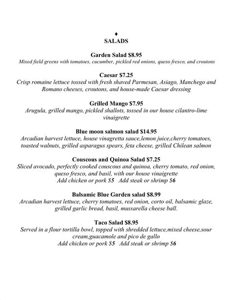 Menu at Blue Moon Lounge restaurant, Annandale