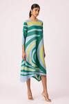 Buy Blue Polyester Round Neck Krystina Pleated Swirl Dress For Women by ...