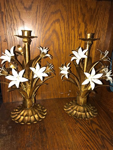 Vintage Metal Flower Candlestick Holders, Tole Floral Candlestick ...