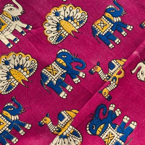 Pure Cotton Kalamkari Pink With Blue Elephant And Peacock Design scree ...