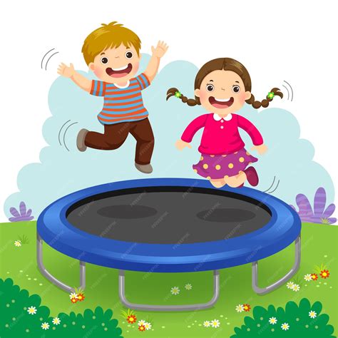 Illustration of happy kids jumping on trampoline in the backyard ...