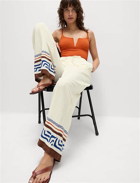 Buy Linen Rich Printed Wide Leg Trousers at Marks & Spencer