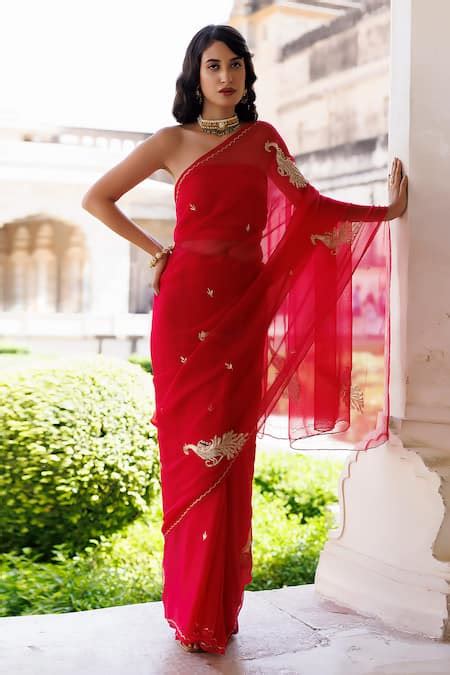 Buy Fuchsia Chiffon Embroidery Peacock Saree With Unstitched Blouse ...