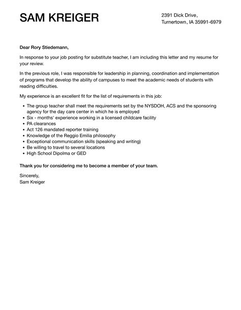 Substitute Teacher Cover Letter | Velvet Jobs