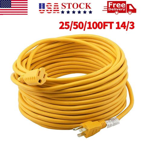 Yellow 25/50/100 Foot Outdoor/Indoor Extension Cord 14/3 SJTW Heavy ...