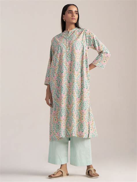 Beige Pink Printed Linen Kurta with Pants- Set of 2