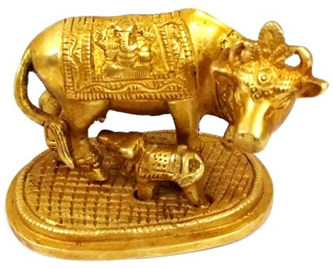 Buy Purpledip Brass Idol Kamdhenu Cow with Calf : Golden Statue for ...