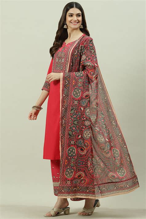 Red Cotton Straight Kurta Palazzo Suit Set at Biba India