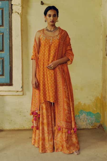 Buy Orange Silk, Crepe, Denim Sequins, Zari, Bandhej Clover Print Kurta ...