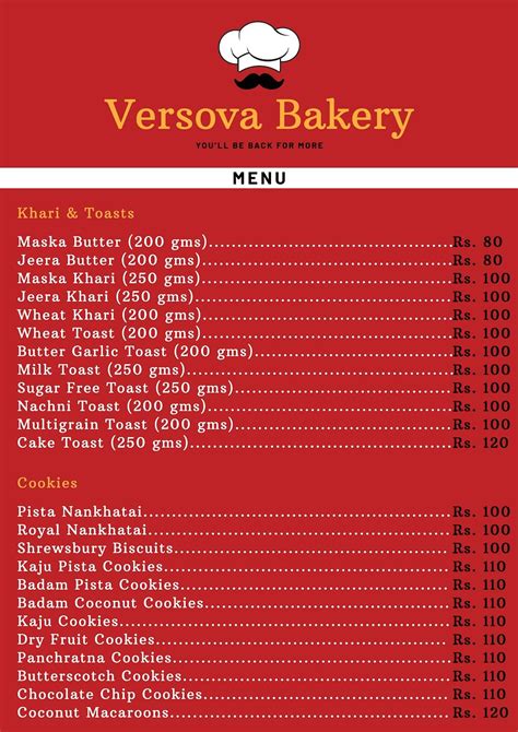 Menu at Versova Bakery, Mumbai, Shop No. 4