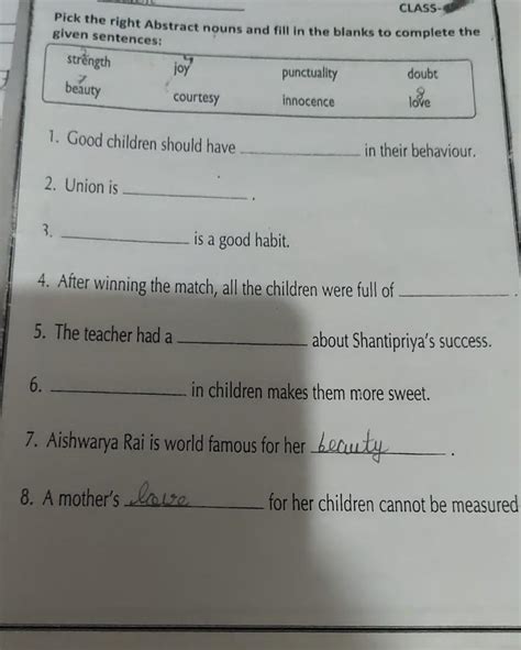 tick the write abstract nouns and fill in the blanks to complete the ...