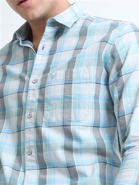 Shop Blue Single Pocket Smart Casual Oxford Checked Shirt Online
