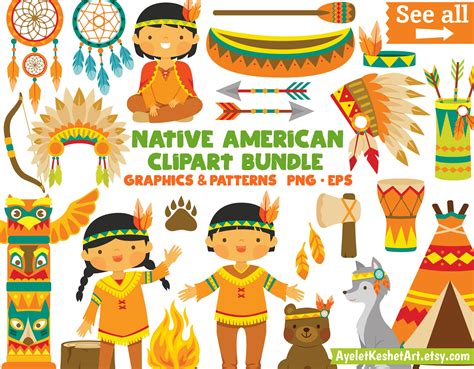 Native American Clipart Set With Digital Papers. Cute Indian Tribal ...