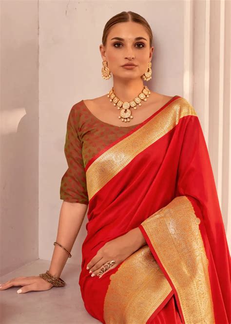 Roykals Red Soft Silk Designer Function Wear Saree with Brown Blouse