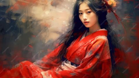 Premium AI Image | Portrait painting of a Japanese model in kimono for ...
