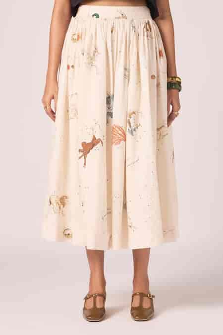 Buy Cream Cambric, Cotton Maud Zodiac Print Midi Skirt For Women by The ...