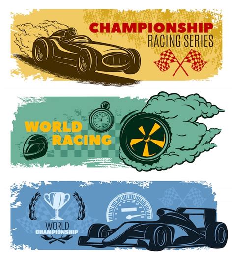 Three colored horizontal racing banner set with titles championship ...