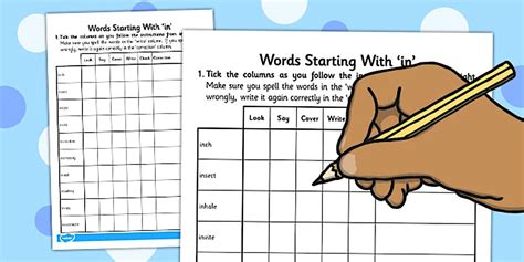 Look, Say, Cover, Write, Check Spelling Activity: Words Starting With 'in'