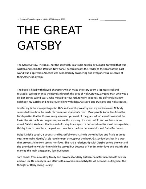 THE Great Gatsby review] - Prepared Speech- – grade 10-O – 10/11 August ...