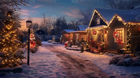 A charming countryside landscape adorned with Christmas lights and ...