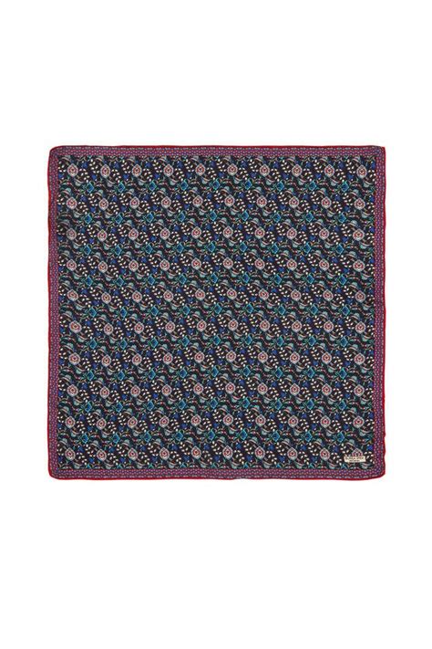 Navy Blue Red Ivy Tulip Pattern Silk Pocket Square