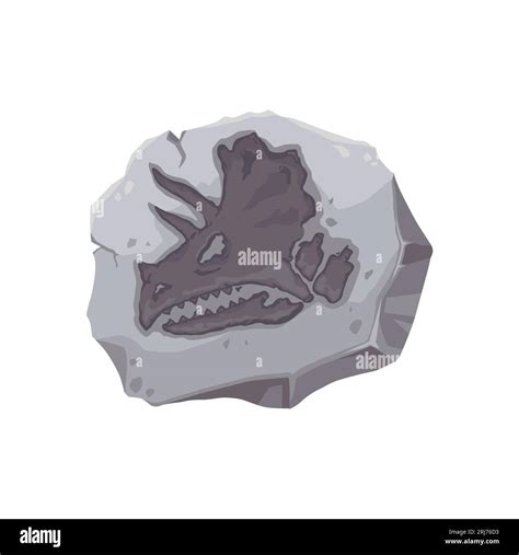Dinosaur fossil, ancient stone triceratops skull imprint. Cartoon dino skeleton in gray stone ...